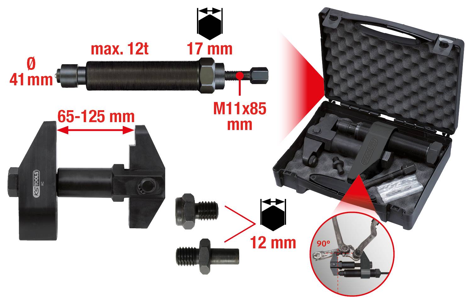 Jeu d'outils pour l'alignement d'axe : Comprend des boulons filetés, un dispositif de réglage (65-125 mm), des vis (12 mm), dans une mallette de transport.