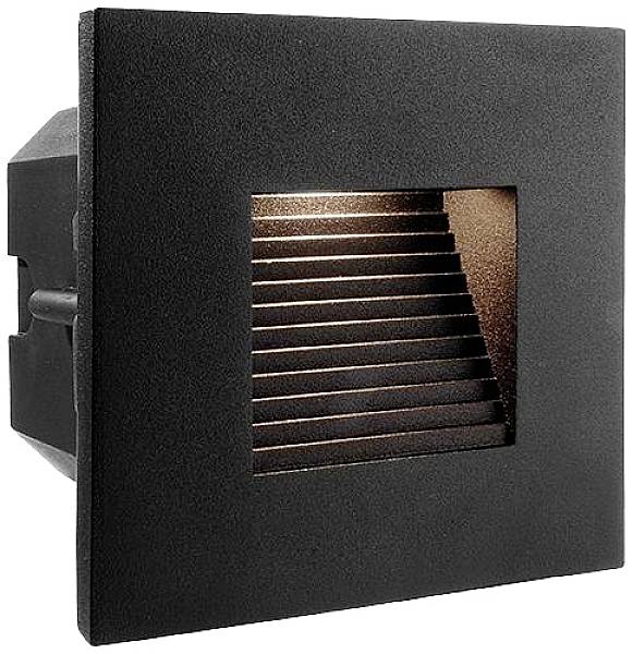 Applique murale noire carrée avec des lamelles horizontales, éclairant une petite zone. Adaptée pour un éclairage discret.