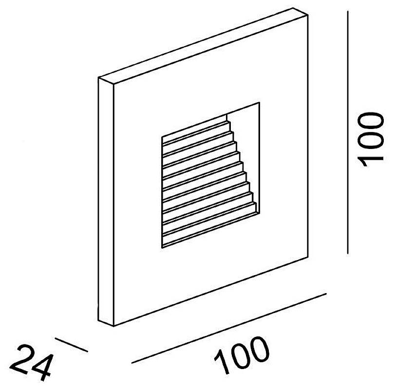Ouverture de ventilation carrée, dimensions : 100x100 mm, avec un design à lamelles de 24 mm de profondeur au centre pour une circulation d'air optimale.