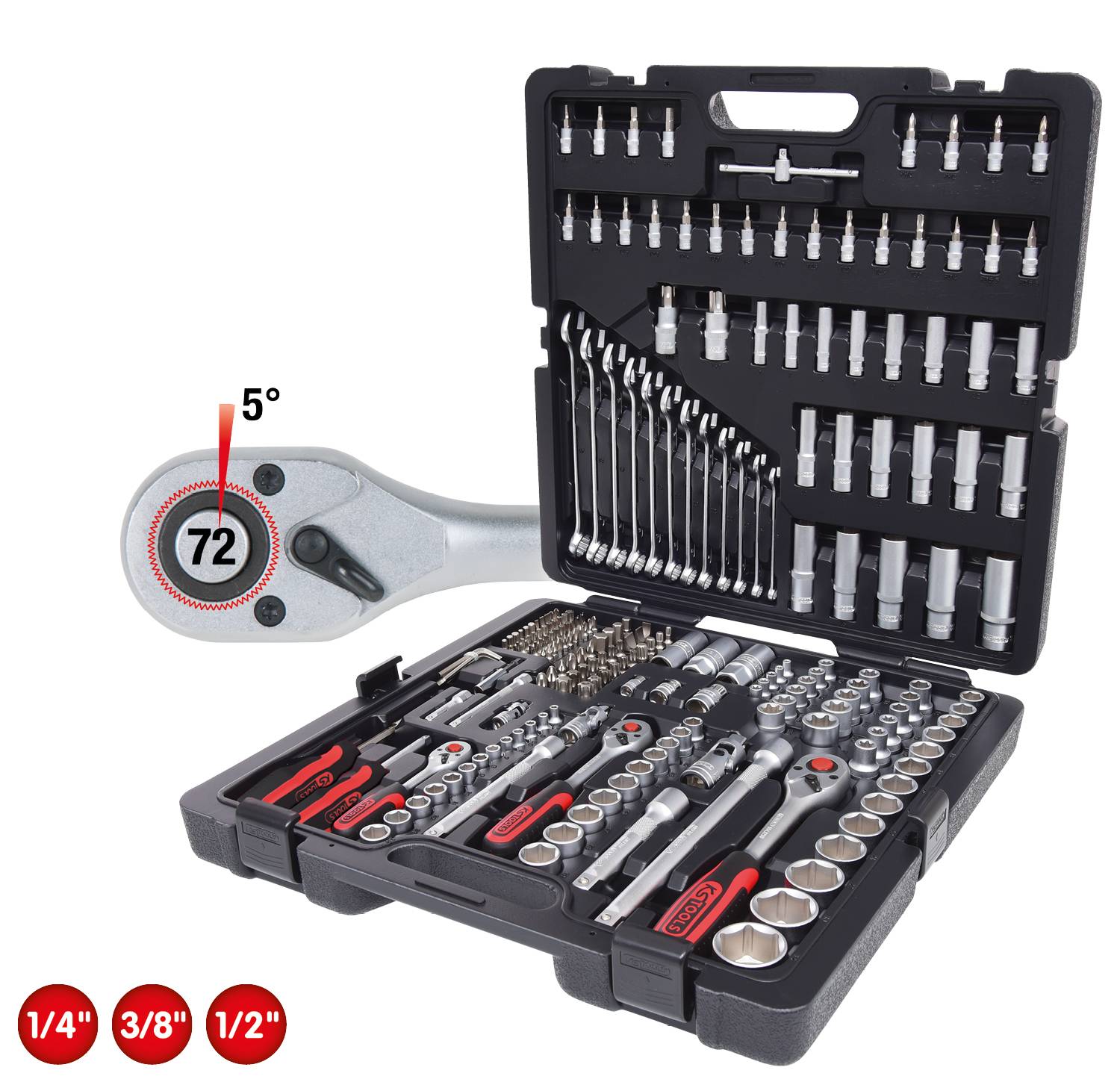 Coffret à outils comprenant de nombreux embouts, douilles et une clé à cliquet, le tout dans un étui rabattable. Présente des tailles de 1/4", 3/8", 1/2".