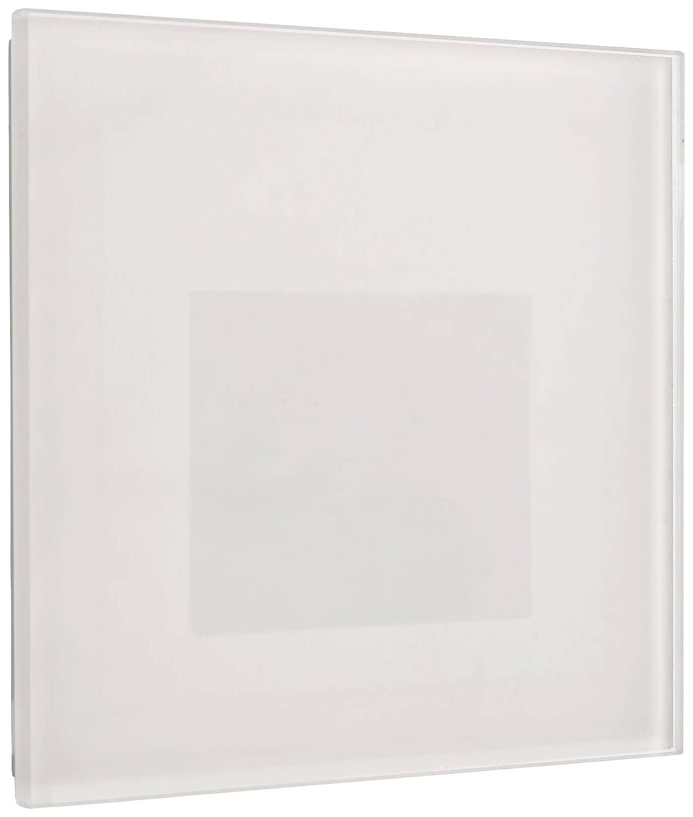 Plaque de verre satinée blanche, carrée, avec un motif rectangulaire discret au centre. Design minimaliste.