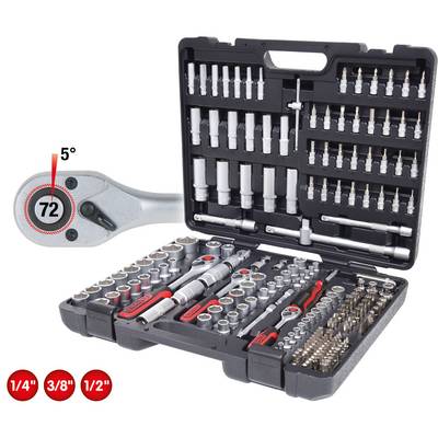 Un ensemble complet de clés à cliquet dans un coffret noir ouvert. Comprend différentes clés à douille, embouts et un mécanisme de cliquet à 72 dents avec un angle de travail de 5°.