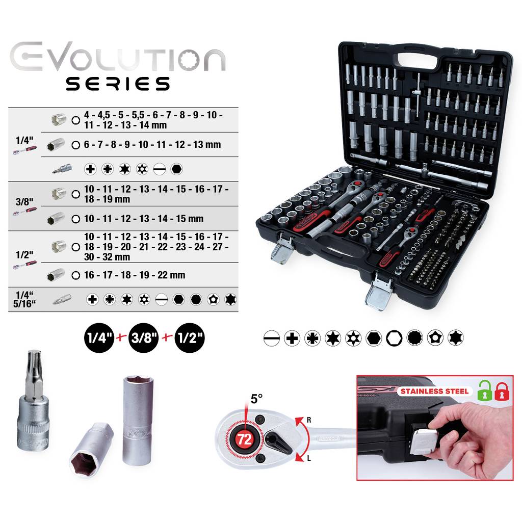 Coffret d'outils Série Evolution avec clés à cliquet, douilles et embouts de différentes tailles ; l'image montre l'ensemble complet dans un coffret ouvert.