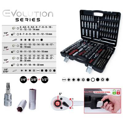 Coffret d'outils Série Evolution avec clés à cliquet, douilles et embouts de différentes tailles ; l'image montre l'ensemble complet dans un coffret ouvert.
