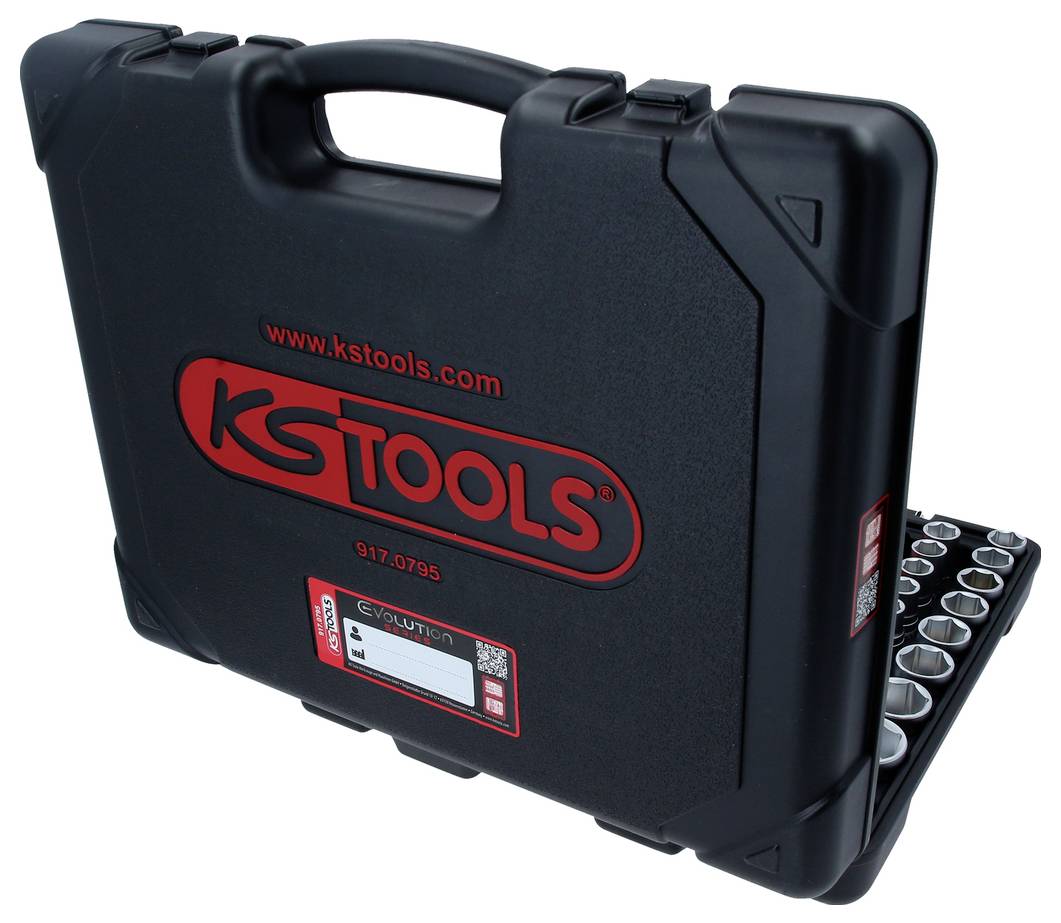Coffret à outils noir avec le logo rouge 'KS Tools', ouvert et rempli de jeux de clés à douille.