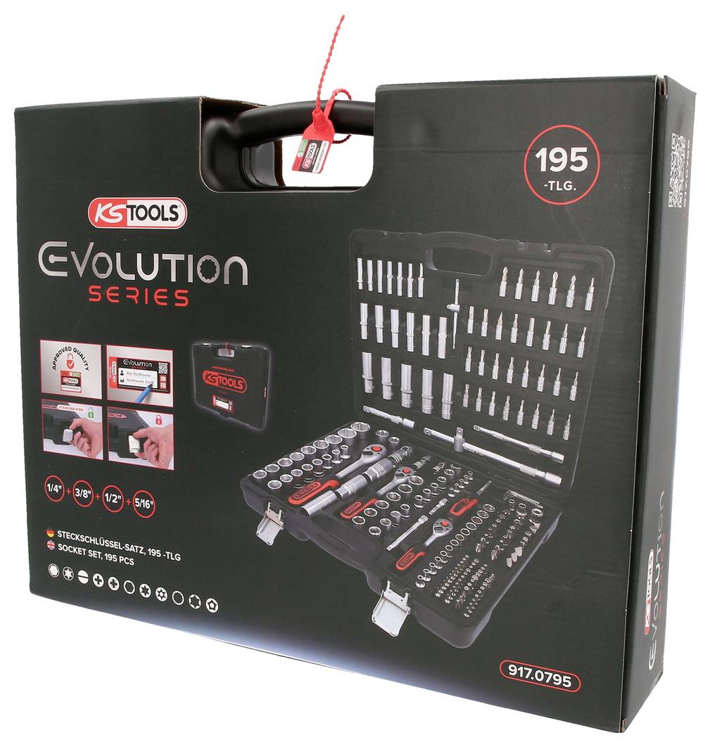 'Mallette avec jeu de clés à douille, 195 pièces, de la série Evolution de KS Tools. Comprend des embouts de tournevis, des clés à cliquet et des rallonges.'