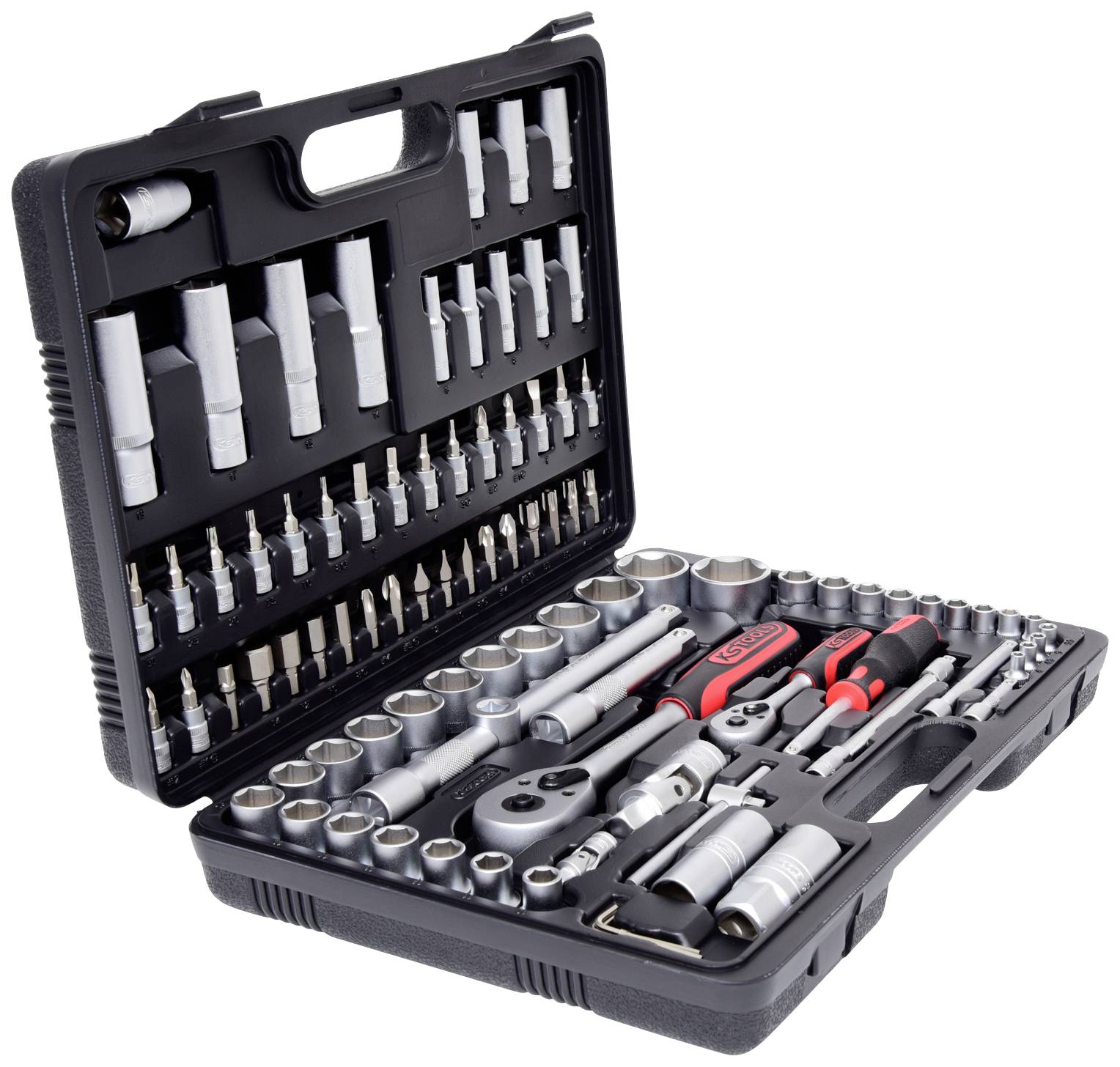 Une boîte à outils ouverte contenant différentes douilles, tournevis et autres outils manuels, bien rangés.