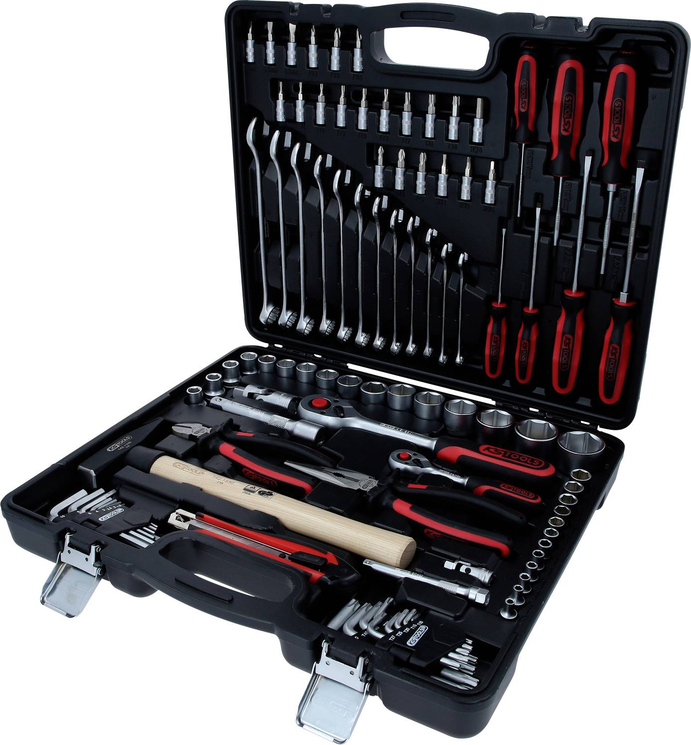 Une boîte à outils contenant divers outils manuels, dont des clés, des tournevis, des pinces et un marteau.