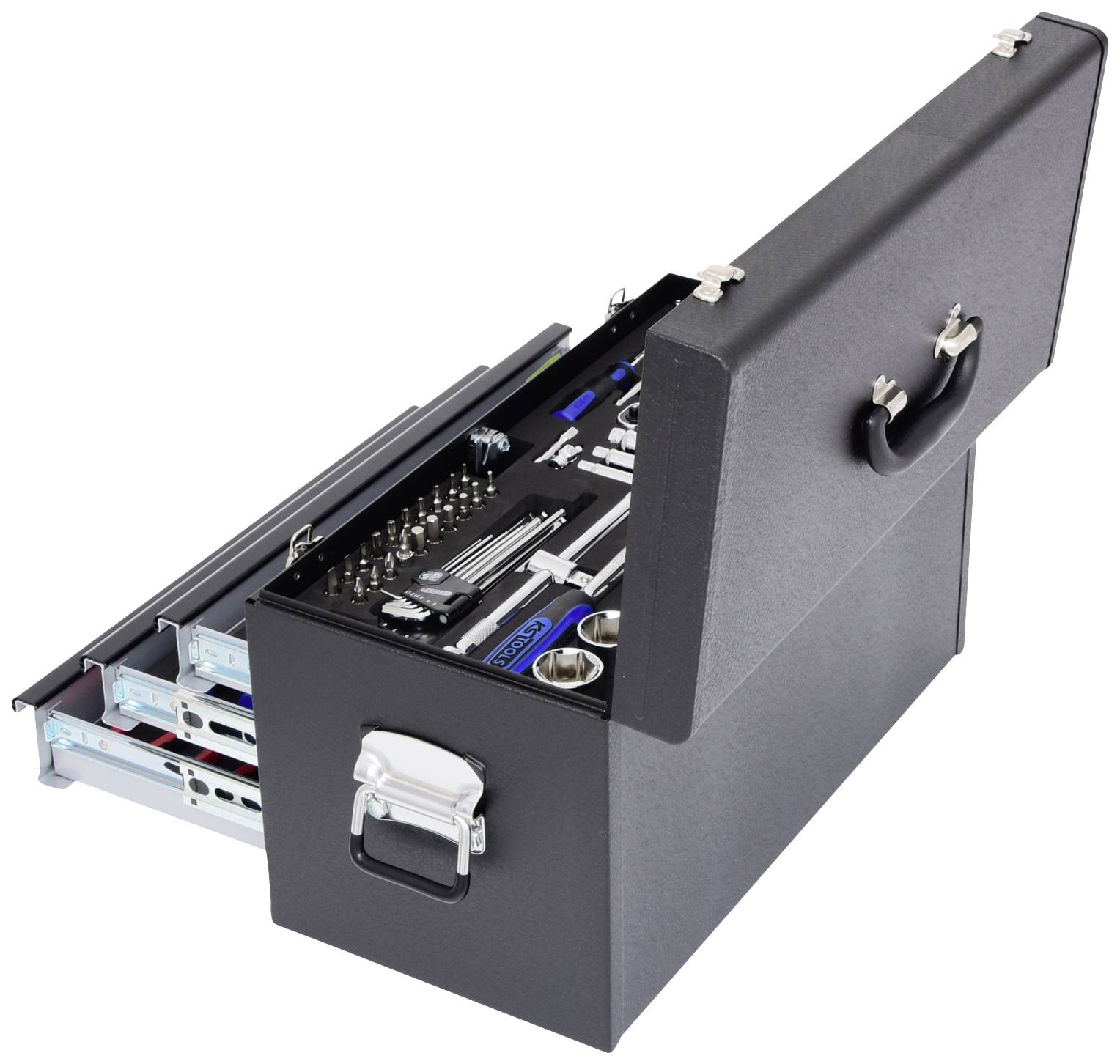 Boîte à outils noire avec compartiments ouverts, remplie de divers outils tels que tournevis, vis et autres outils manuels.