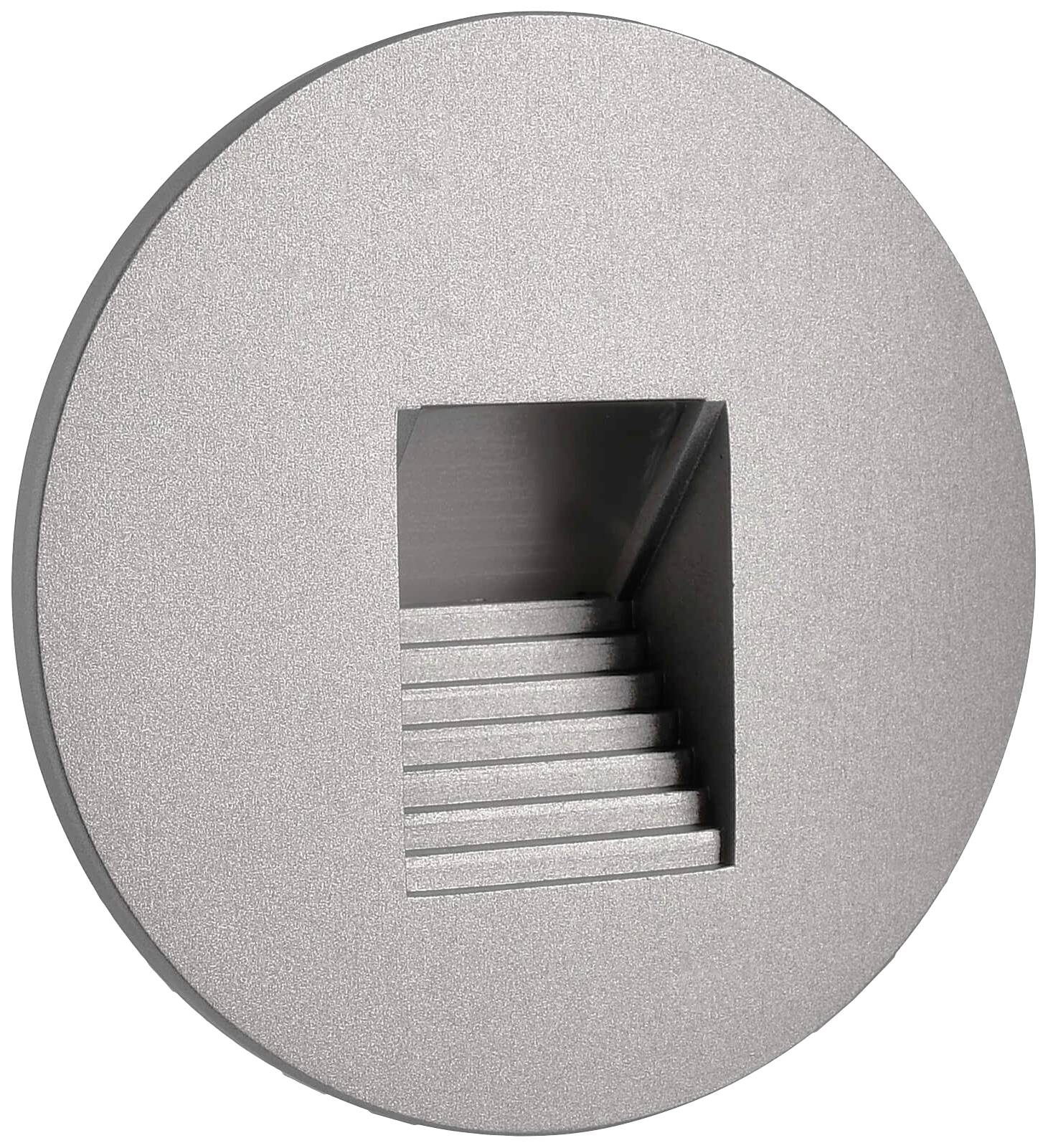 Applique murale ronde en argent avec une ouverture rectangulaire et des éléments à gradins à l'intérieur.
