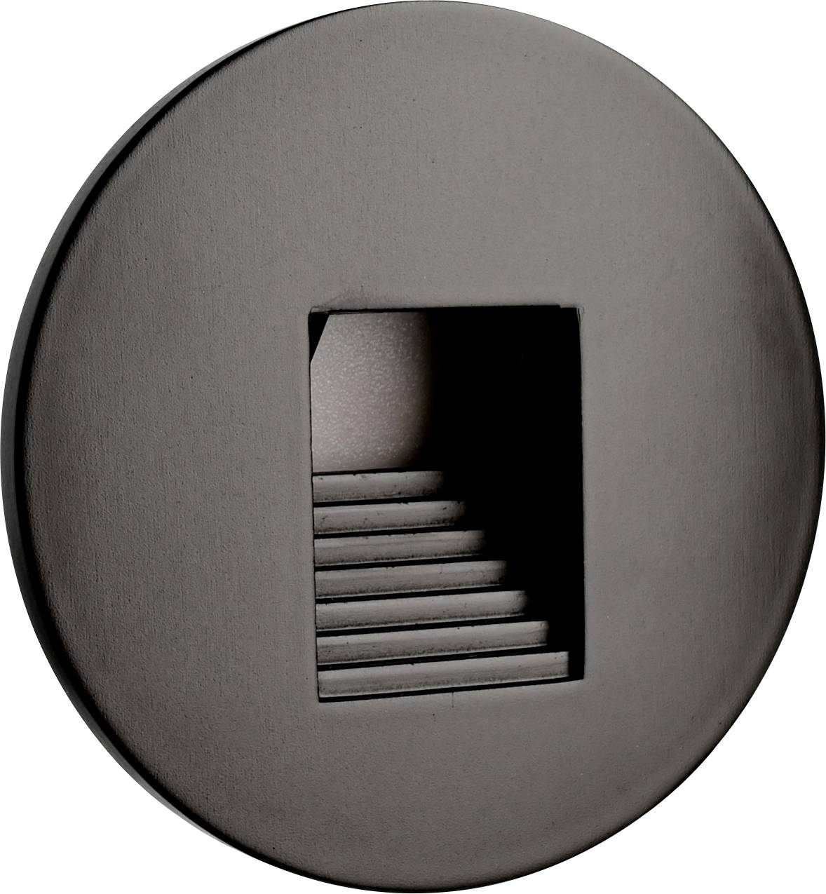 Applique murale LED ronde et sombre avec découpe rectangulaire et motif en gradins. Idéale pour un éclairage discret, au design minimaliste.