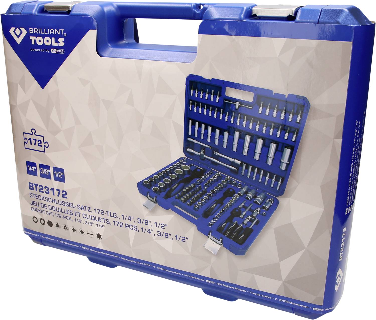 Valise bleue avec logo 'Brilliant Tools', montrant un ensemble de clés à cliquet. Contient 172 pièces, dimensions : 1/4", 3/8", 1/2".