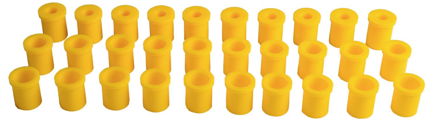 Des rangées de gobelets ou de chevilles cylindriques jaunes disposés en quinconce sur un fond blanc.