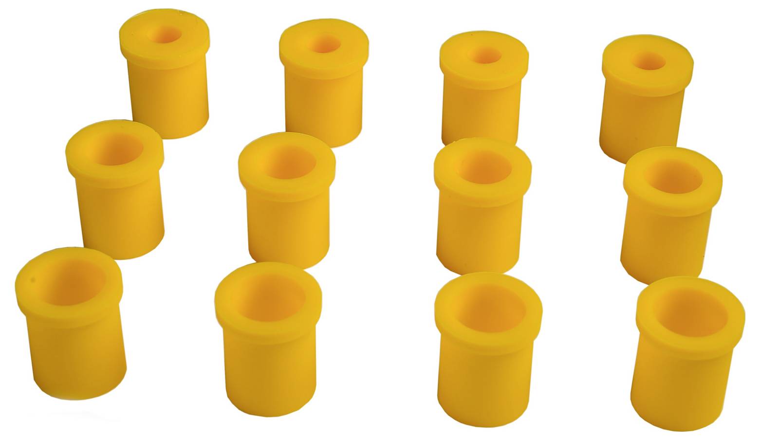 Dix douilles cylindriques orange disposées en quatre colonnes décalées sur fond blanc.