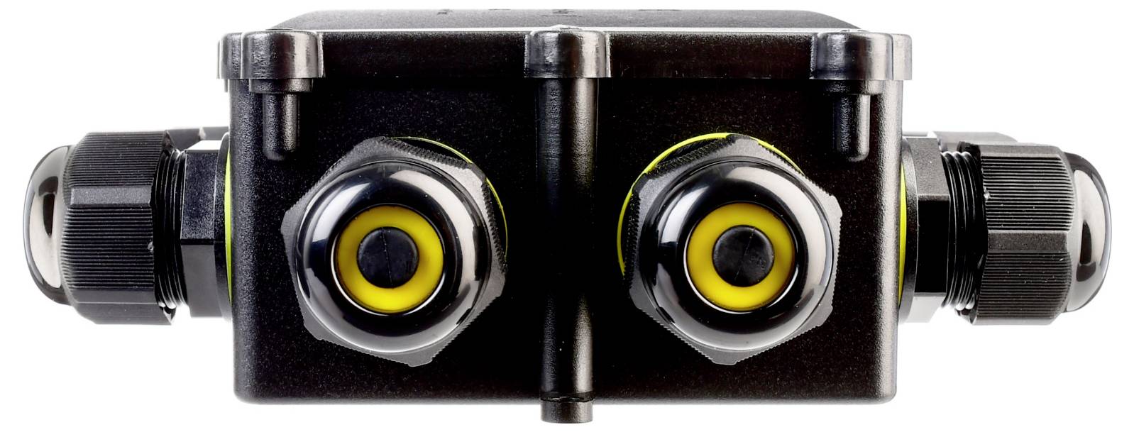 Module de capteur ou de caméra noir à double objectif, avec deux lentilles cerclées de jaune et des connecteurs de câble latéraux, sur fond blanc.