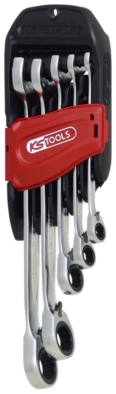 Un ensemble de cinq clés à anneau en argent avec un support rouge, marqué 'KS Tools', destiné au rangement et à l'organisation des outils.
