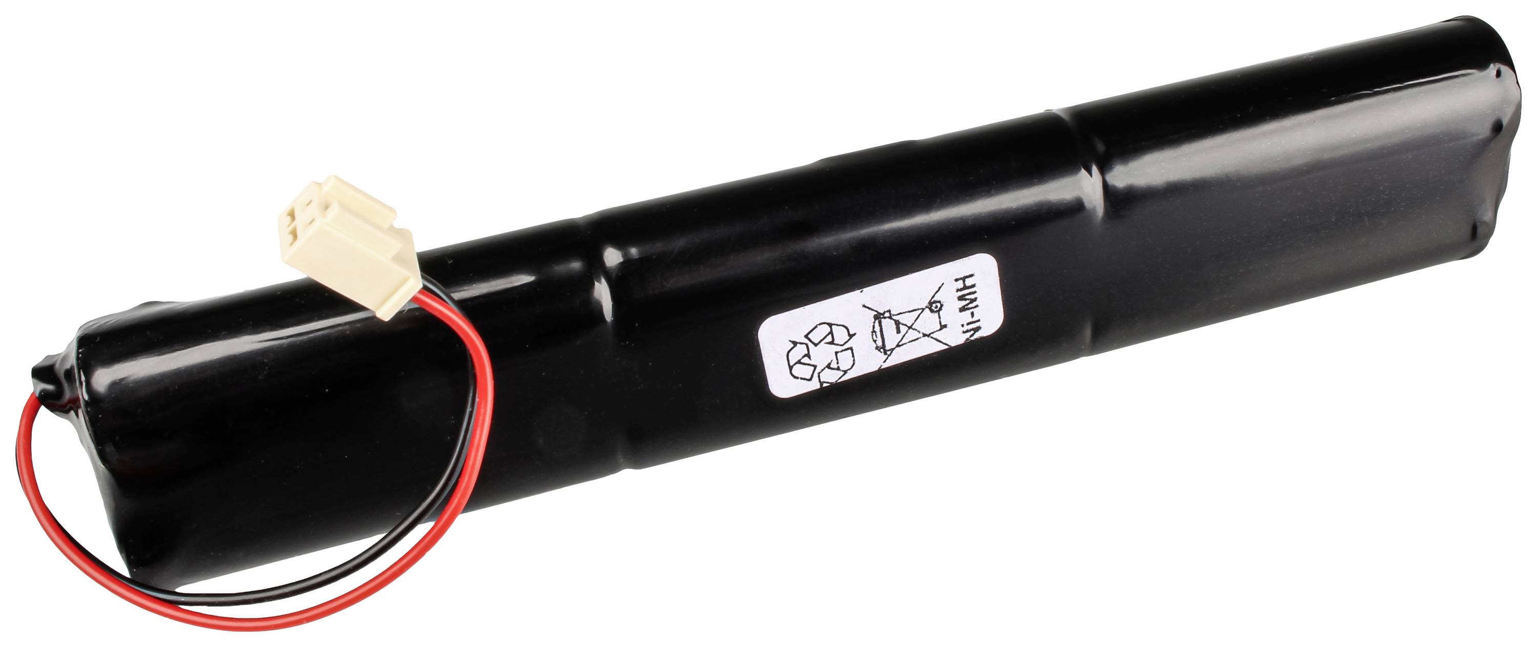Une batterie noire cylindrique avec deux câbles et un connecteur. L'autocollant affiche un symbole de recyclage.