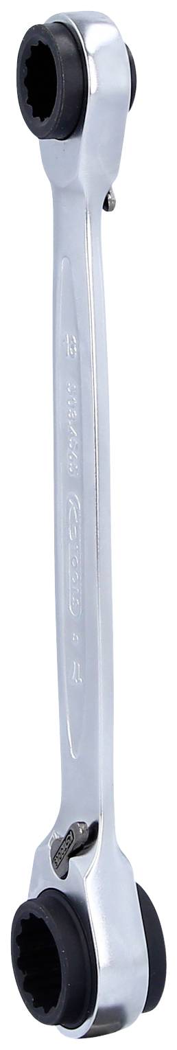 Une clé à molette en argent avec deux têtes à chaque extrémité, adaptée à différentes tailles de vis.