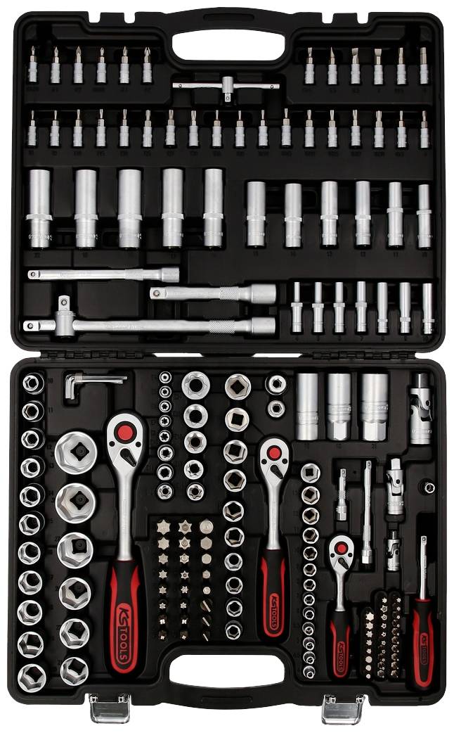 Une boîte à outils ouverte avec différents embouts de clés à douille, des cliquet et des rallonges, rangés dans des compartiments séparés.
