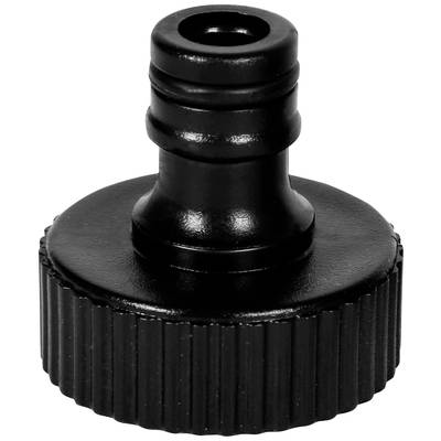 Raccord en plastique noir avec bord cannelé et connexion à emboîtement en haut. Adapté pour les tuyaux d'arrosage.