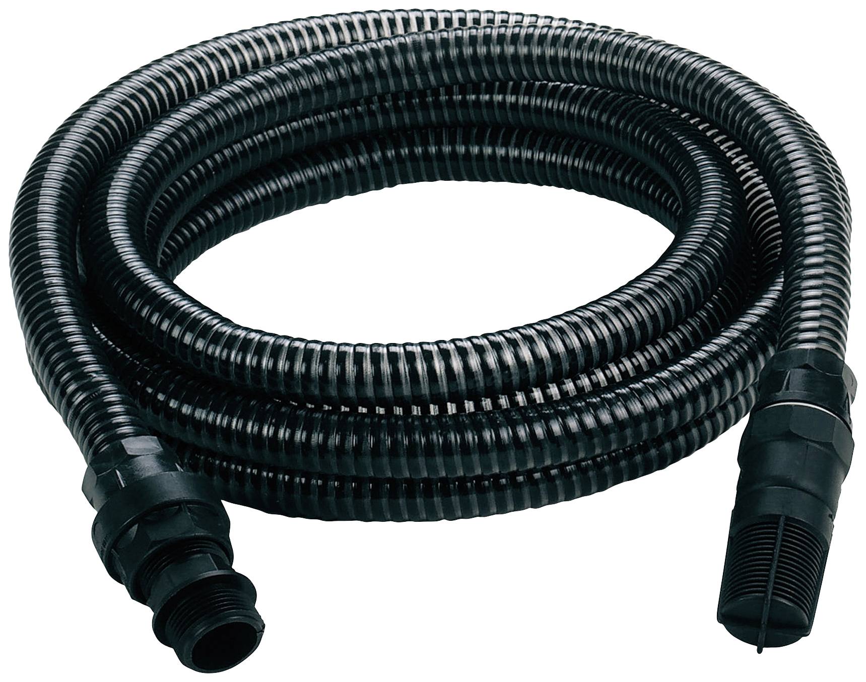 Un tuyau noir et flexible, disposé en boucle avec des raccords à chaque extrémité, est probablement utilisé pour l'eau ou l'air.