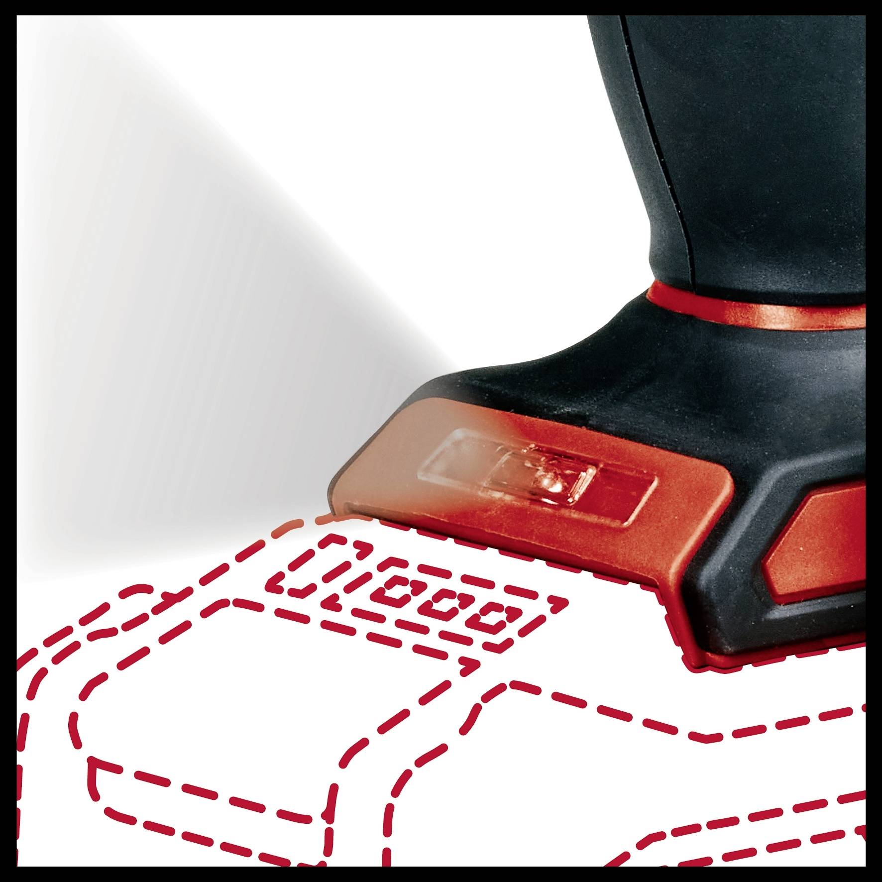 Gros plan d'un visseuse sans fil avec les contours suggestifs des accessoires en pointillés rouges.