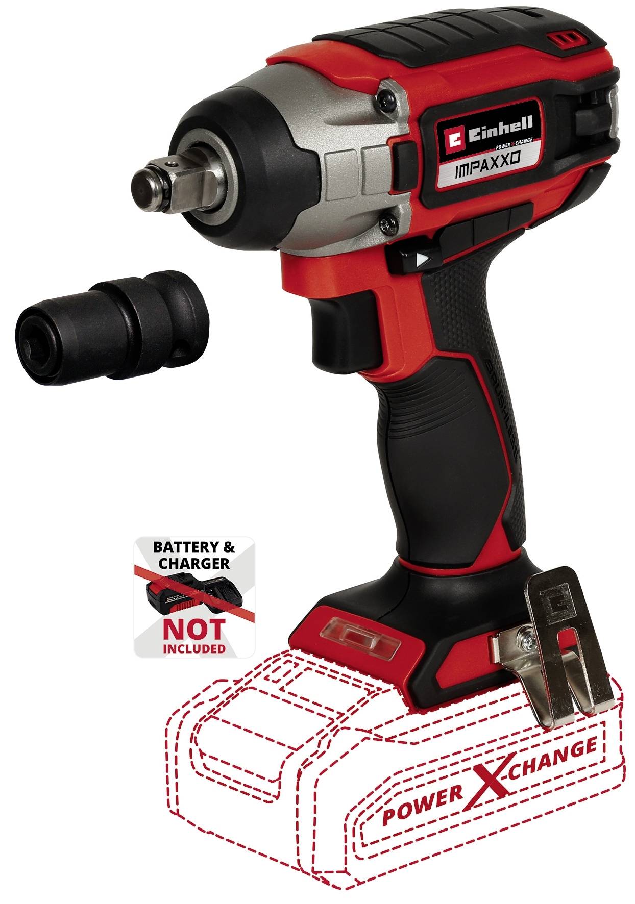 Un visseuse à choc sans fil Einhell au design rouge et noir. Adaptateur et mention indiquant que la batterie et le chargeur ne sont pas inclus.