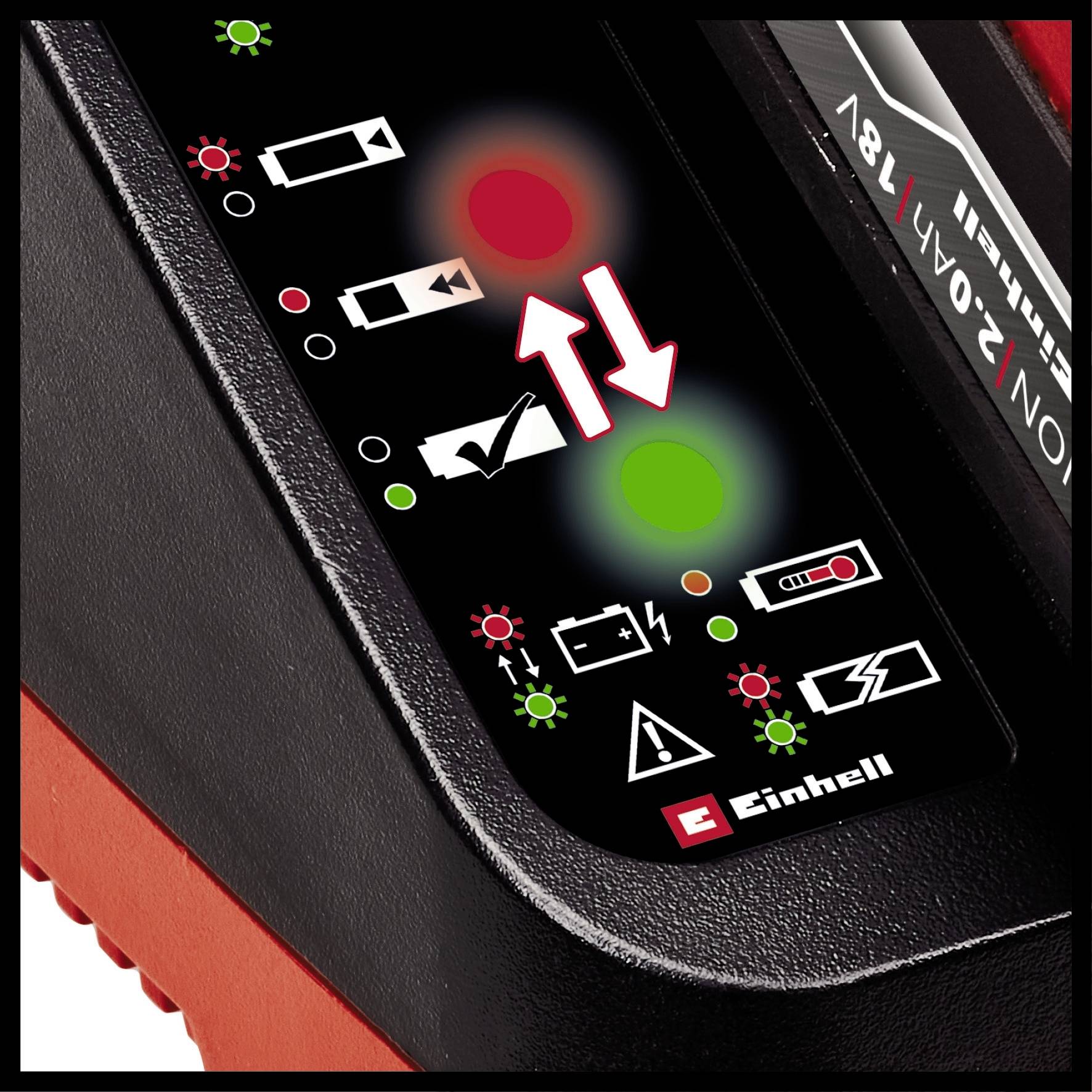 Deux batteries lithium-ion rouges côte à côte. L'une porte la marque « Einhell » et l'inscription « Nouveau design, même batterie » est inscrite dessous.