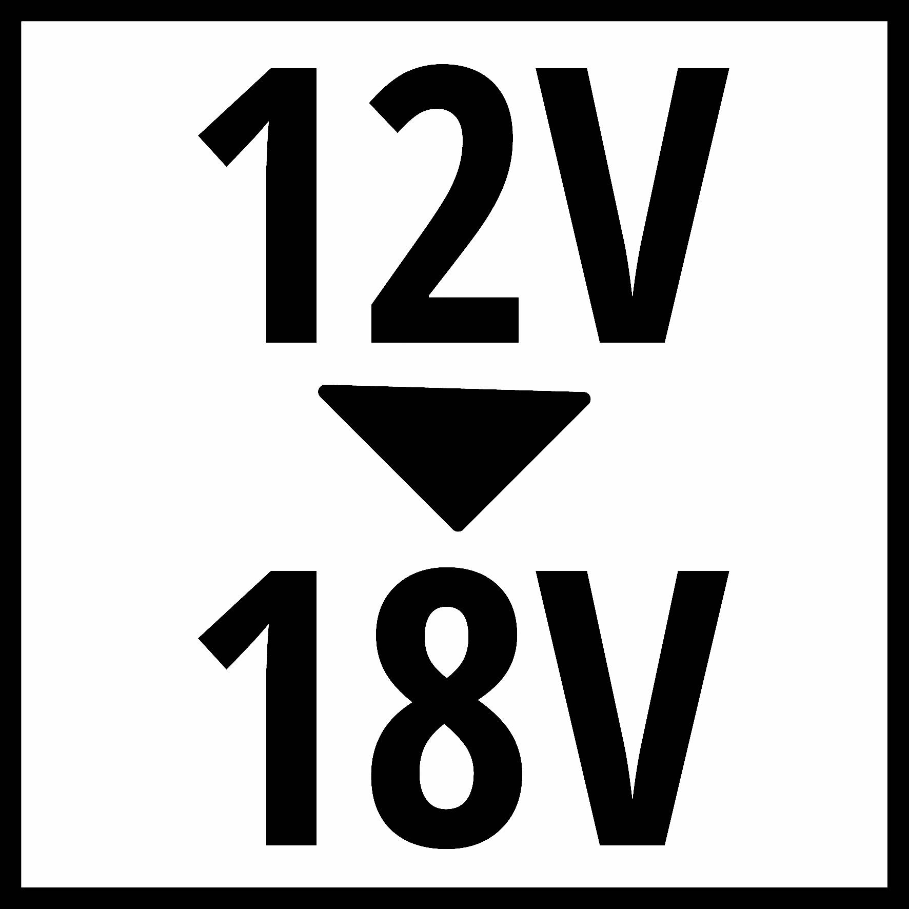 '12V devient 18V' dans un carré noir. Une flèche pointe de '12V' vers '18V', indiquant un changement de tension.