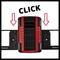 Un appareil rouge et noir avec deux flèches et le mot 'CLICK' en haut. Les flèches pointent vers les connexions de l'appareil.