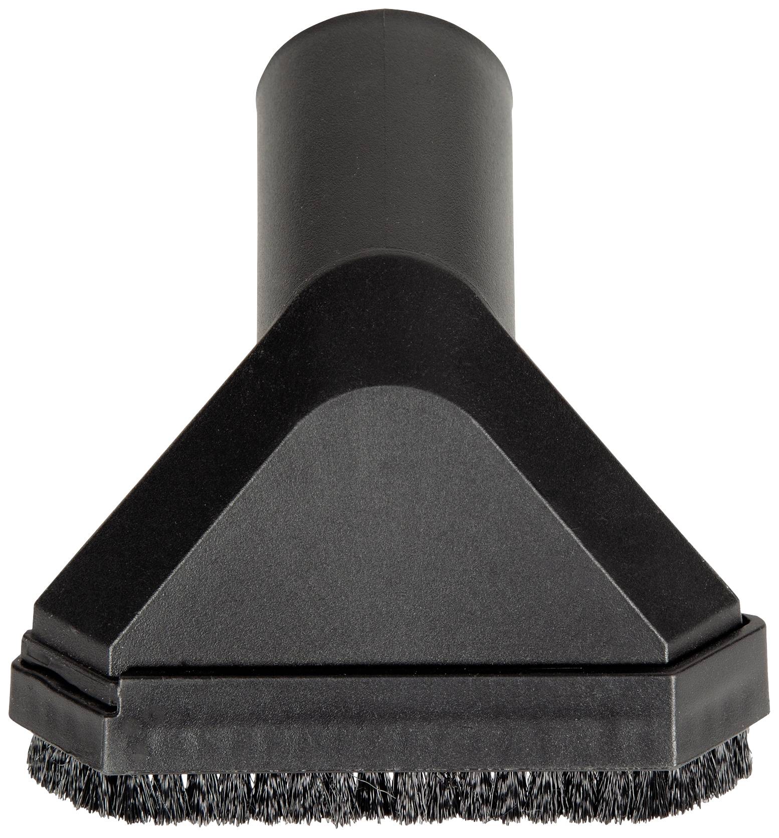 Un embout d'aspirateur noir à large tête plate et poils courts, adapté au nettoyage des meubles rembourrés.