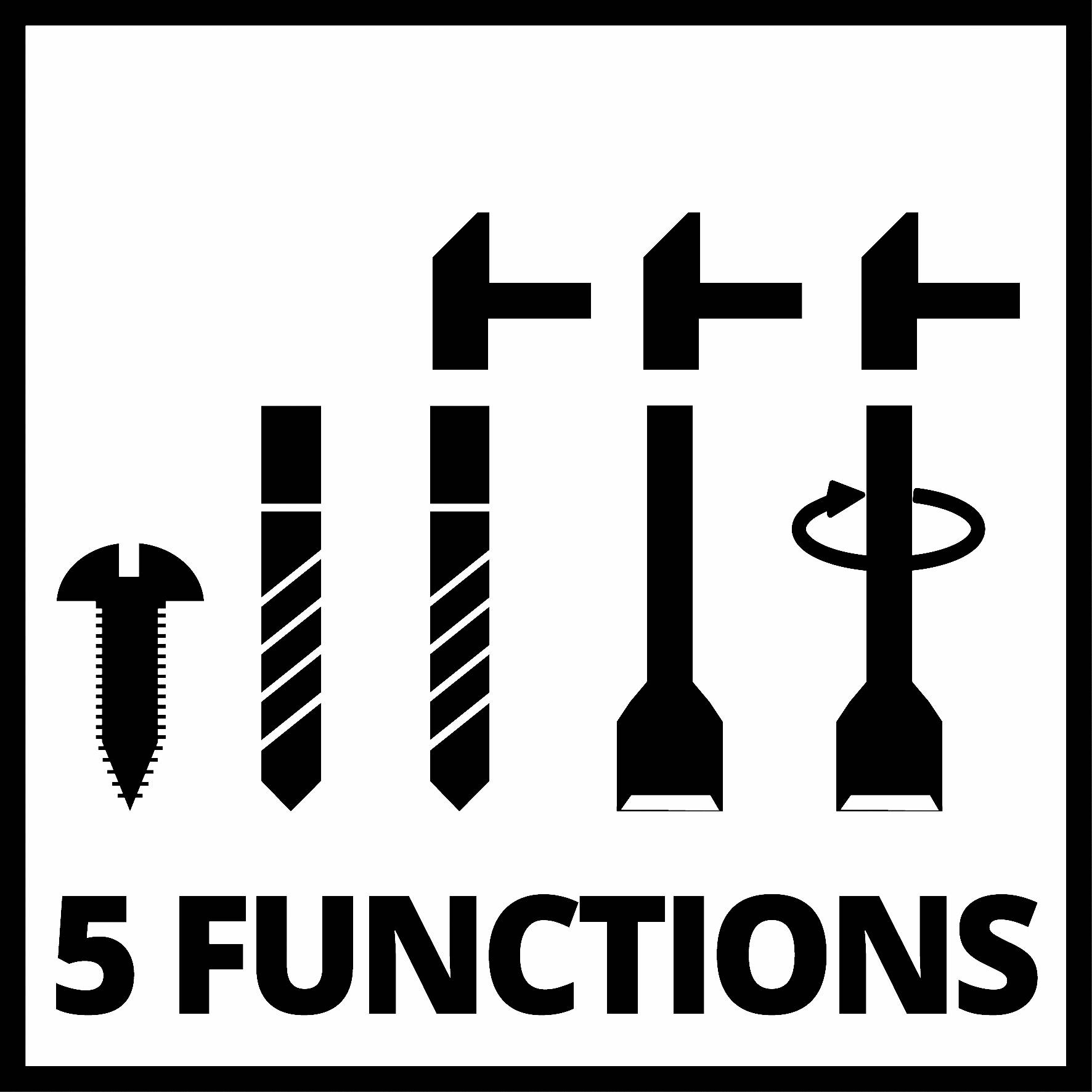 Cinq outils, chacun pour une fonction différente : vis, perceuse, burin dans différentes positions et avec un mouvement rotatif. Texte : '5 FONCTIONS'.