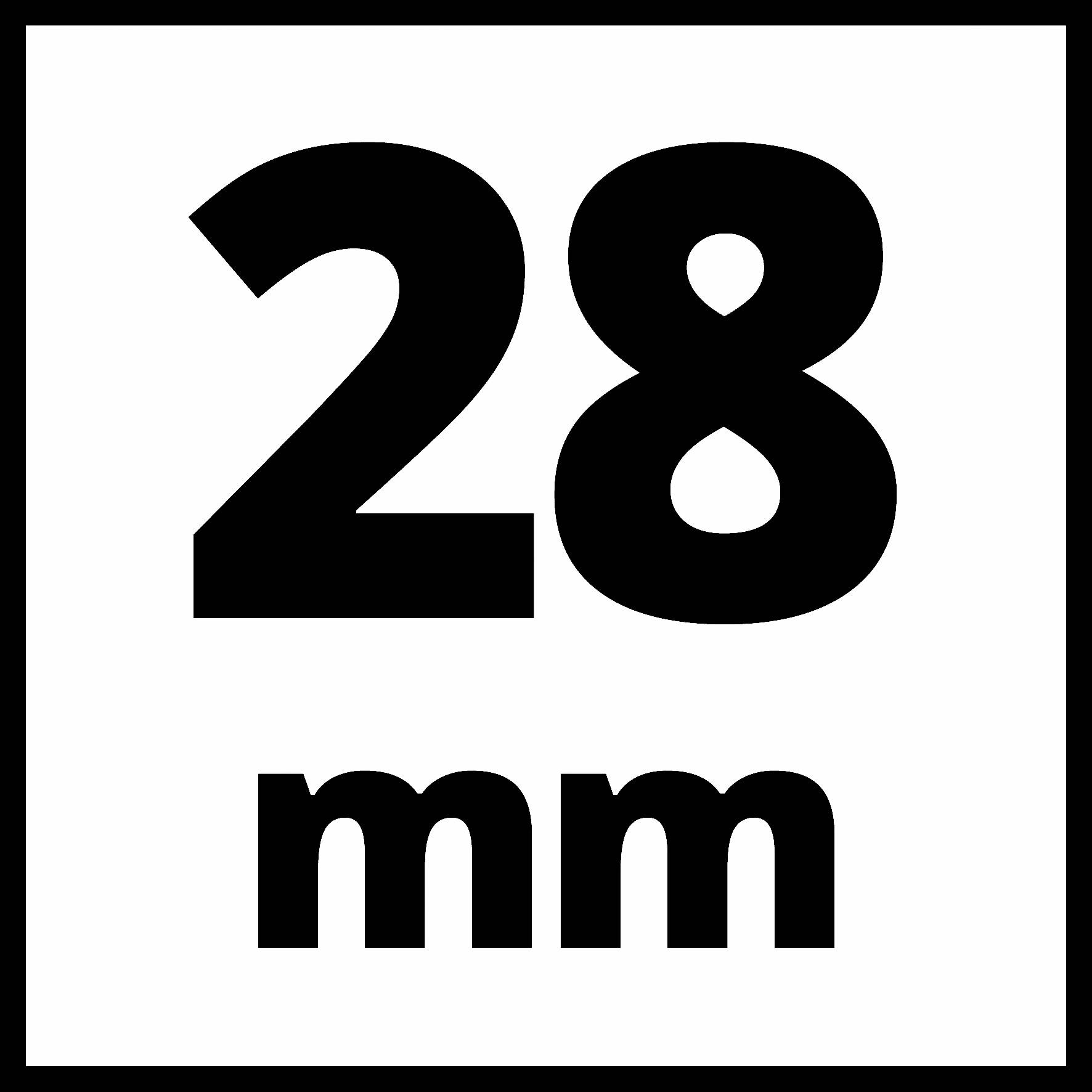 '28 mm' en texte noir sur fond blanc.