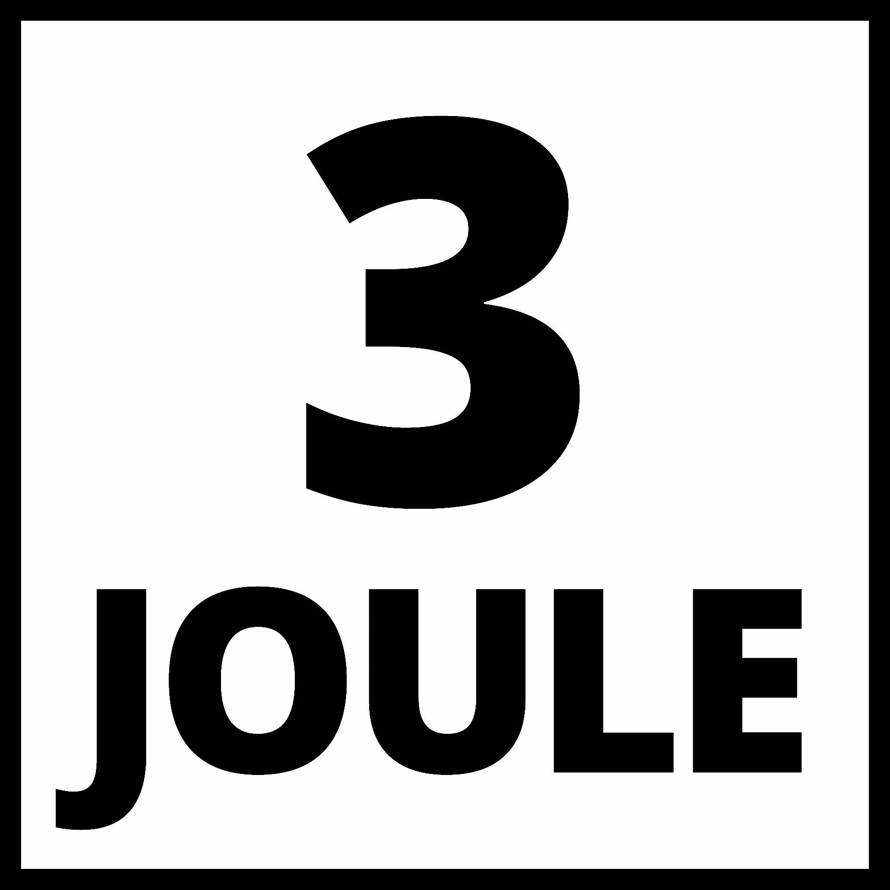 L'image montre le chiffre '3' et le mot 'JOULE' en grandes lettres noires, centrés sur un fond blanc dans un cadre noir.