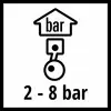 'Pictogramme d'un compresseur ; Au-dessus : Maison avec inscription 'bar'. En-dessous, compresseur, inscription : 2 - 8 bar.'
