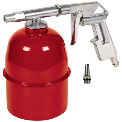 Un pistolet à air comprimé rouge avec un embout métallique amovible, utilisé pour nettoyer ou sécher des surfaces à l'aide d'air comprimé.