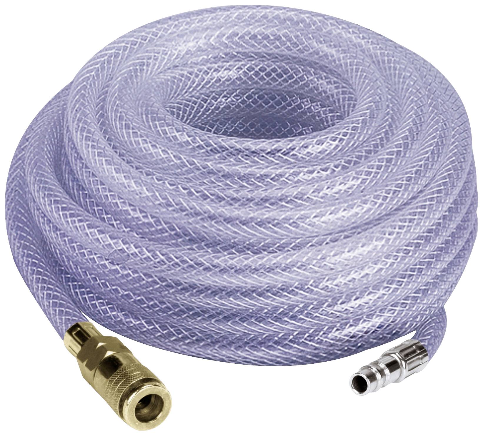 Tuyau en plastique transparent et enroulé, muni de raccords métalliques aux deux extrémités, adapté pour les connexions pneumatiques.