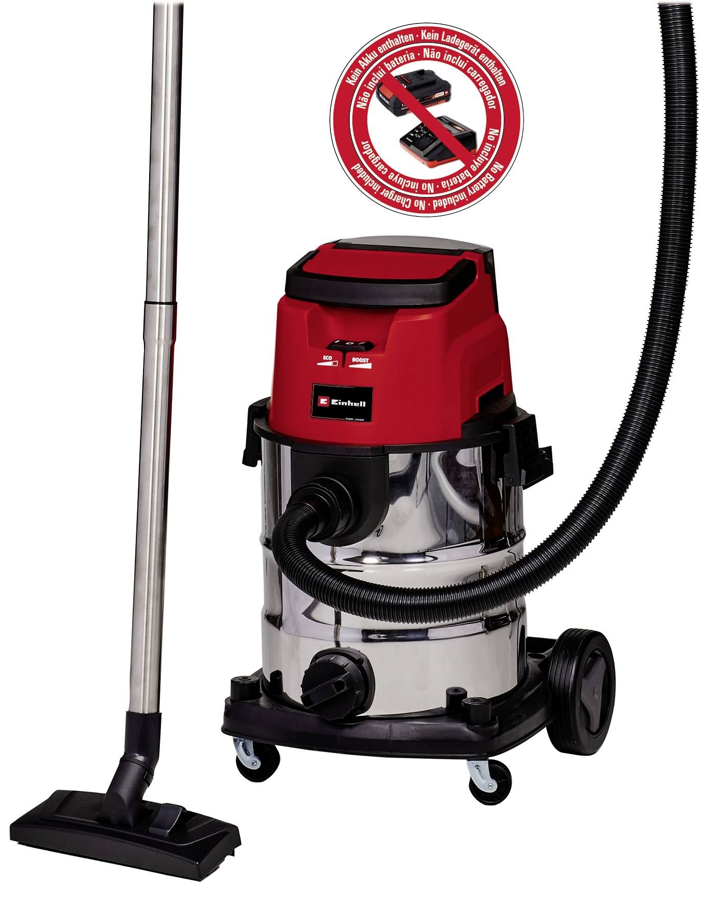 Un aspirateur industriel rouge et argenté avec un boîtier en acier inoxydable et une longue lance d'aspiration. Un autocollant représentant un sac d'aspirateur barré indique qu'aucun sac n'est nécessaire.