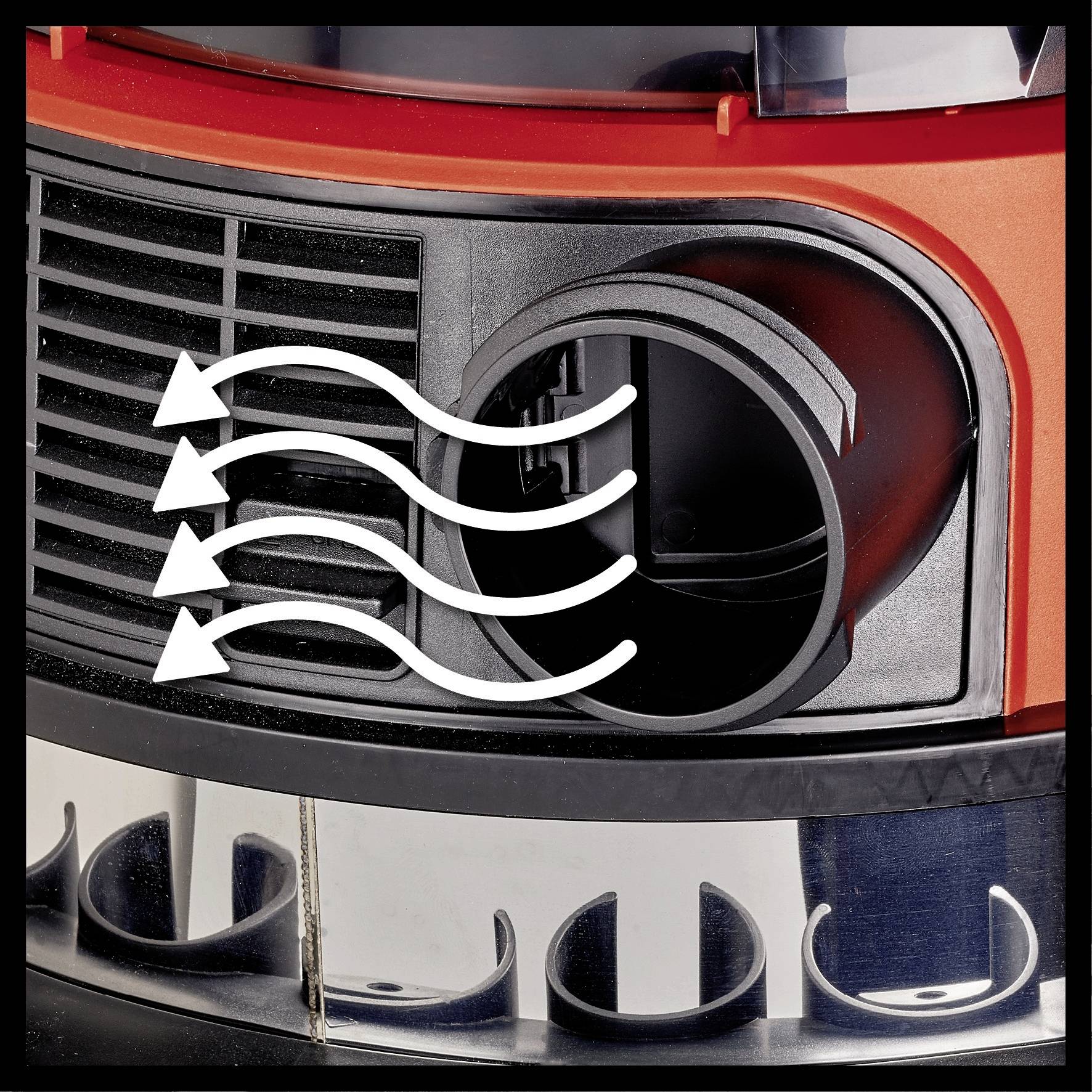Gros plan d'un filtre d'aspirateur avec des flèches indiquant le flux d'air vers l'extérieur. L'accent principal est mis sur l'ouverture de ventilation.