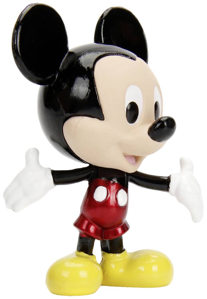 Figurine de jouet d'un personnage de souris de dessin animé joyeux avec de grandes oreilles, un short rouge, des gants blancs et des chaussures jaunes.