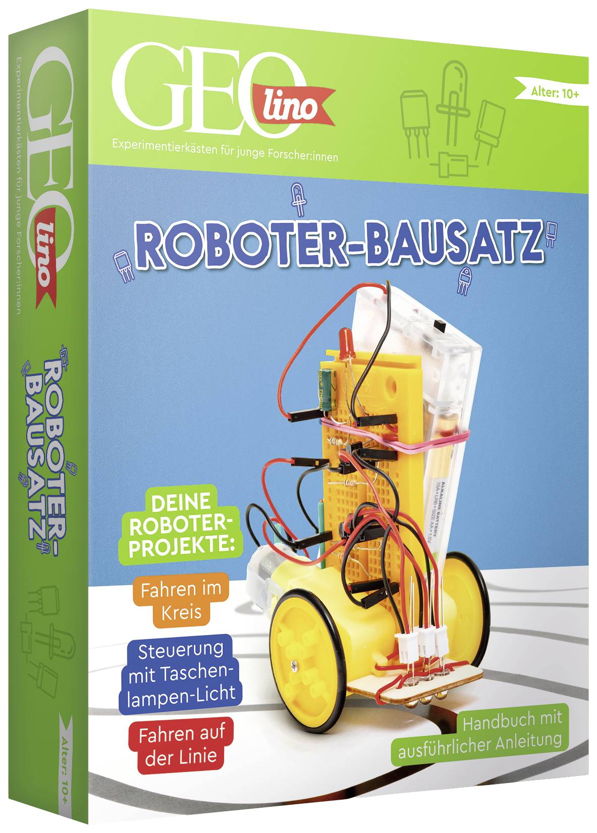 Kit de robot pour enfants à partir de 10 ans. Comprend des projets tels que la conduite en cercle et le contrôle à la lumière d'une lampe de poche. Manuel inclus.