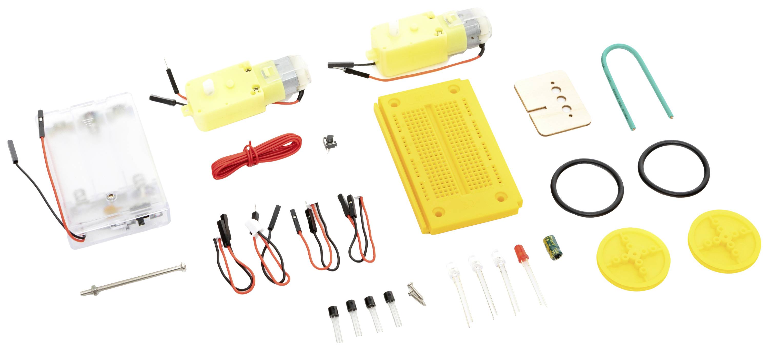 Kit électronique comprenant des moteurs, des câbles, une plaque d'expérimentation (breadboard), des LED et d'autres composants pour la réalisation de projets techniques.