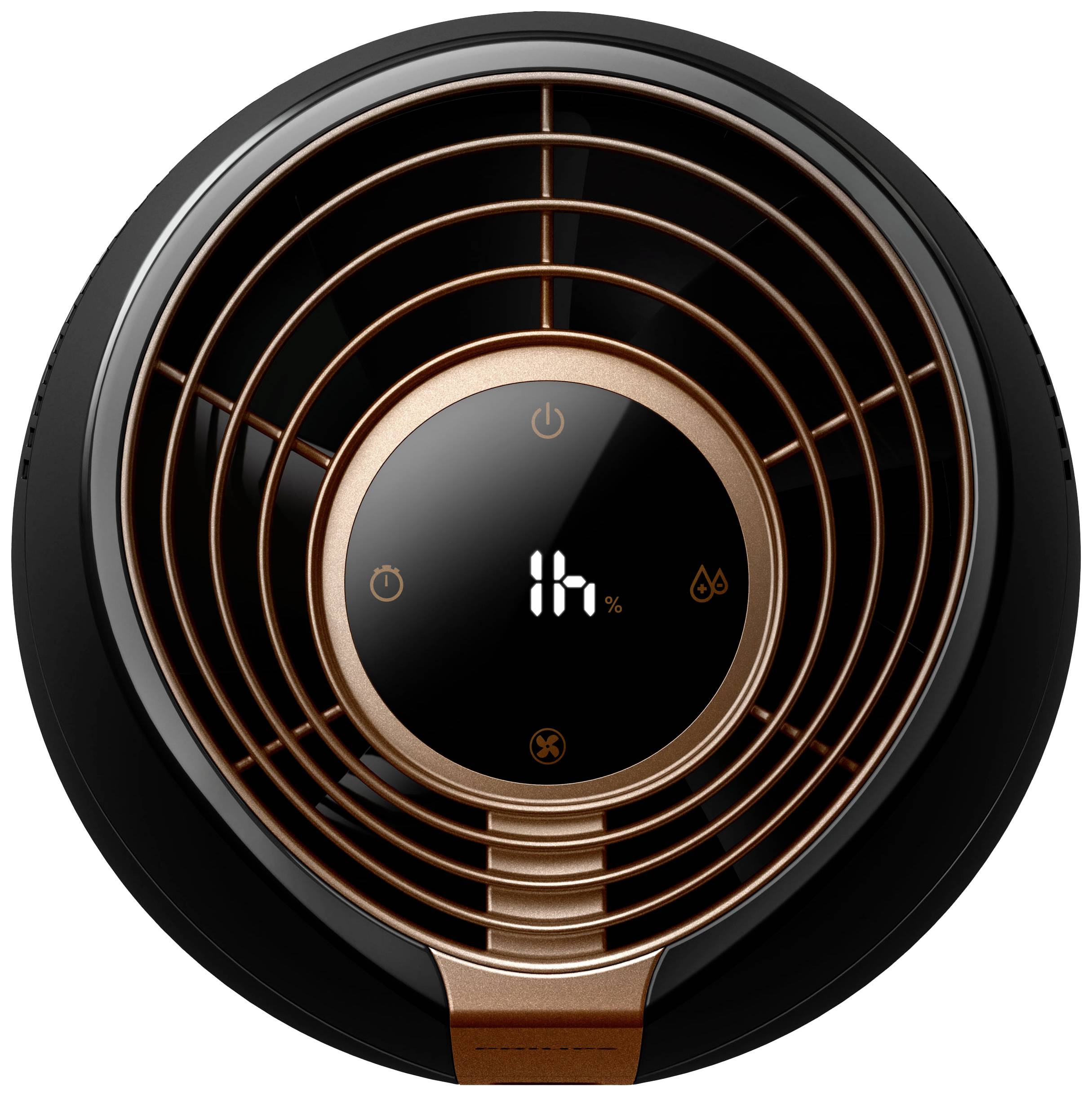 Purificateur d'air rond en noir et bronze avec affichage numérique '11%'. Affiche des symboles pour l'alimentation électrique, la fonction et l'humidité de l'air.