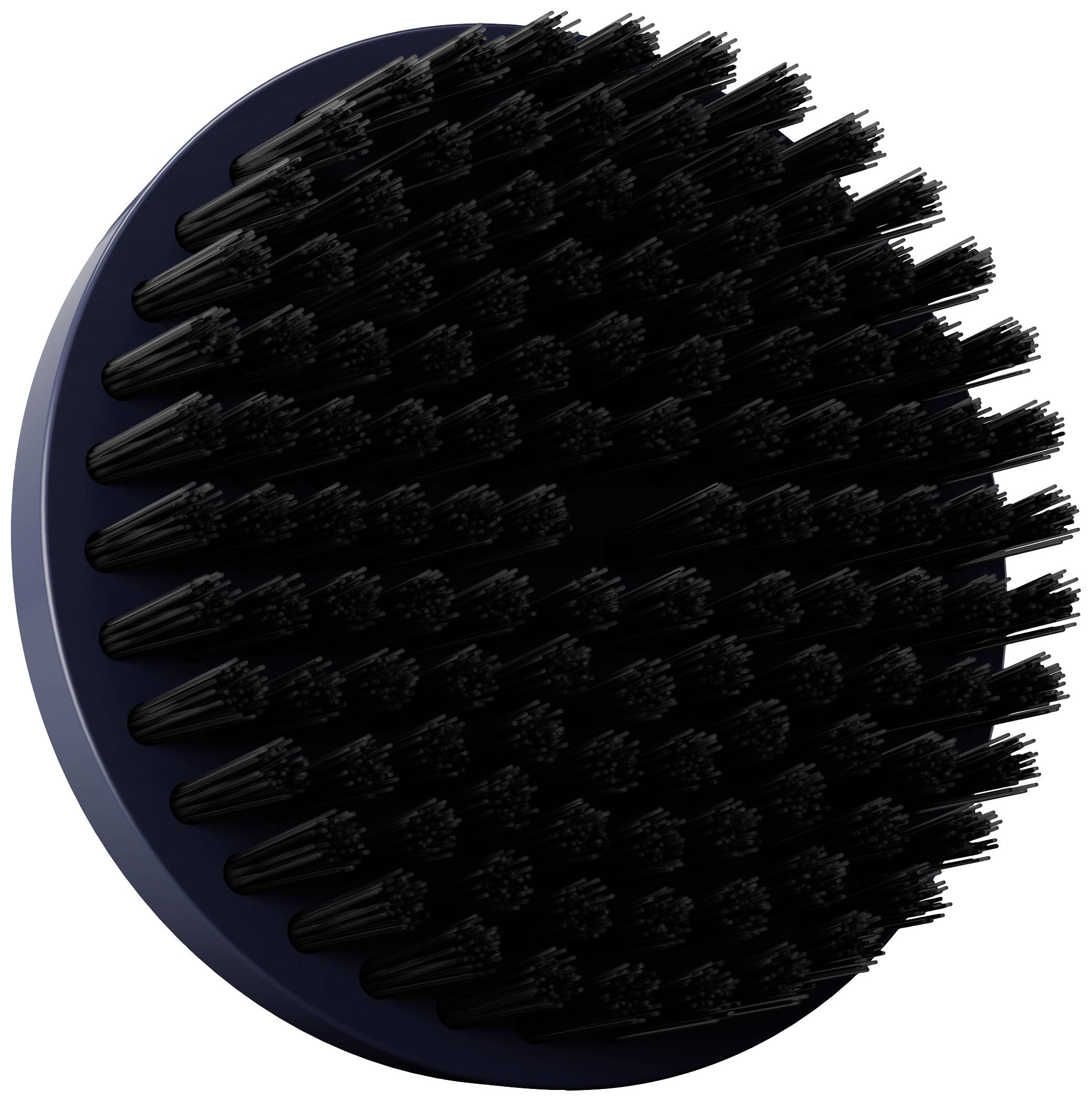Brosse ronde noire avec des poils sur un socle bleu foncé, adaptée au nettoyage corporel ou capillaire.