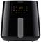 Un Philips Airfryer noir avec un panneau de commande numérique, un affichage de température et des symboles permettant de contrôler les fonctions de cuisson.