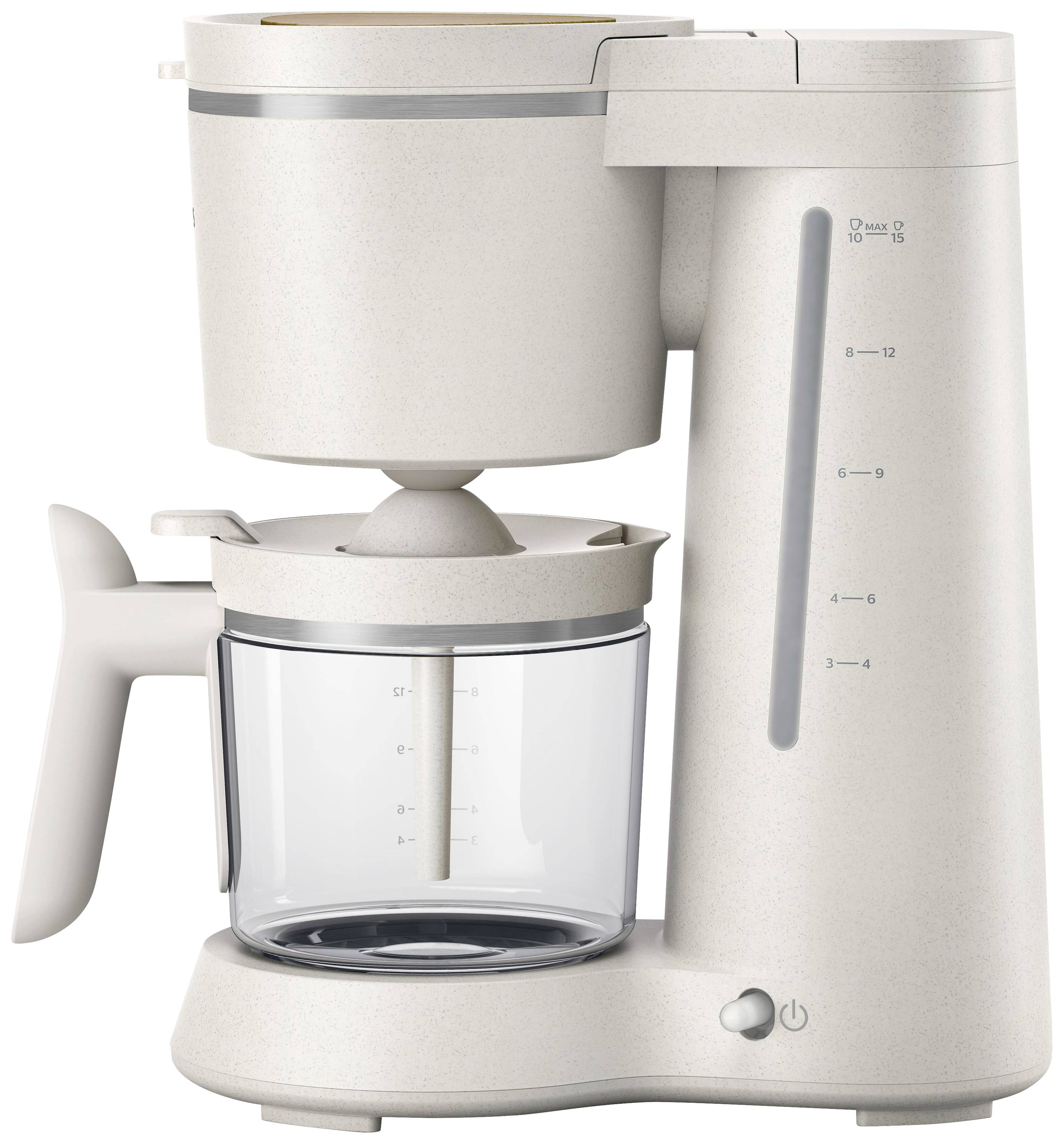 Machine à café blanche avec réservoir d'eau transparent, indicateur de niveau sur le côté droit, bouton marche/arrêt à l'avant.