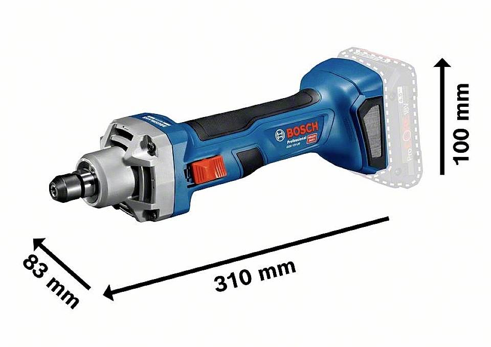 Meuleuse d'angle sans fil Bosch avec boîtier bleu, longueur de 310 mm, hauteur de 100 mm et largeur de 83 mm, avec emplacement de batterie visible.