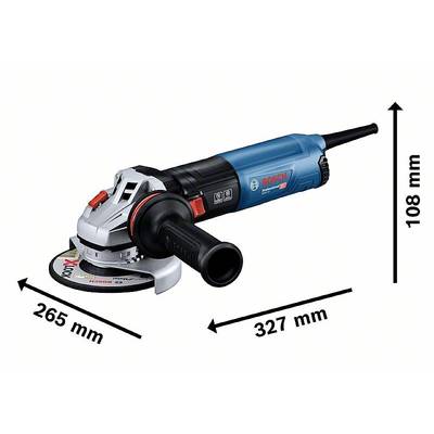 Une meuleuse d'angle bleue avec une poignée et un disque noirs présente les dimensions suivantes : longueur 327 mm, hauteur 108 mm, diamètre 265 mm.