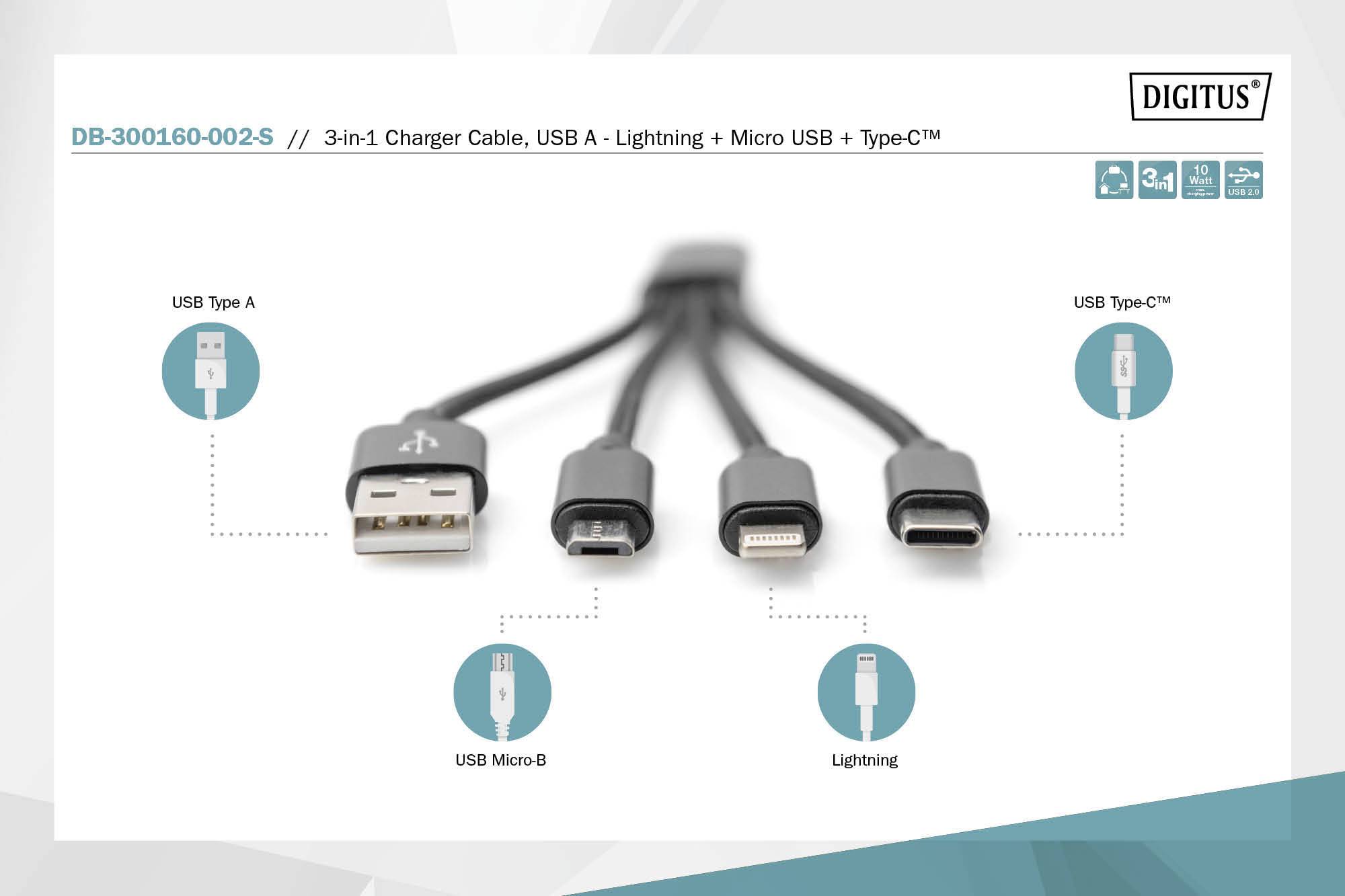 Câble de charge 'DB-300160-002-S 3-en-1 : USB A, Lightning, Micro USB, Type-C' présentant les quatre connecteurs d'un câble de charge multifonction.