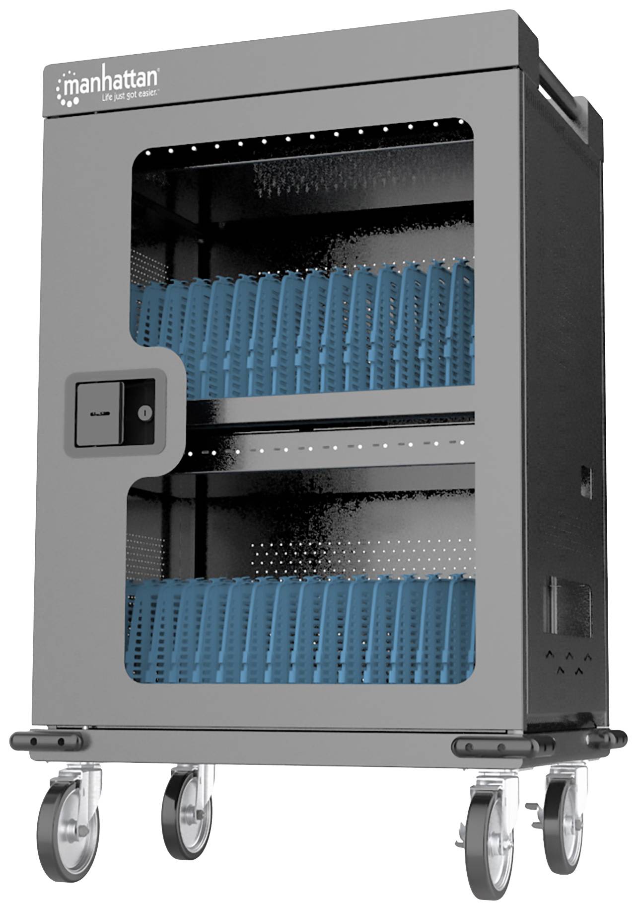 Un armoire de chargement mobile grise de Manhattan avec deux étagères, adaptée au stockage et à la charge des appareils électroniques.